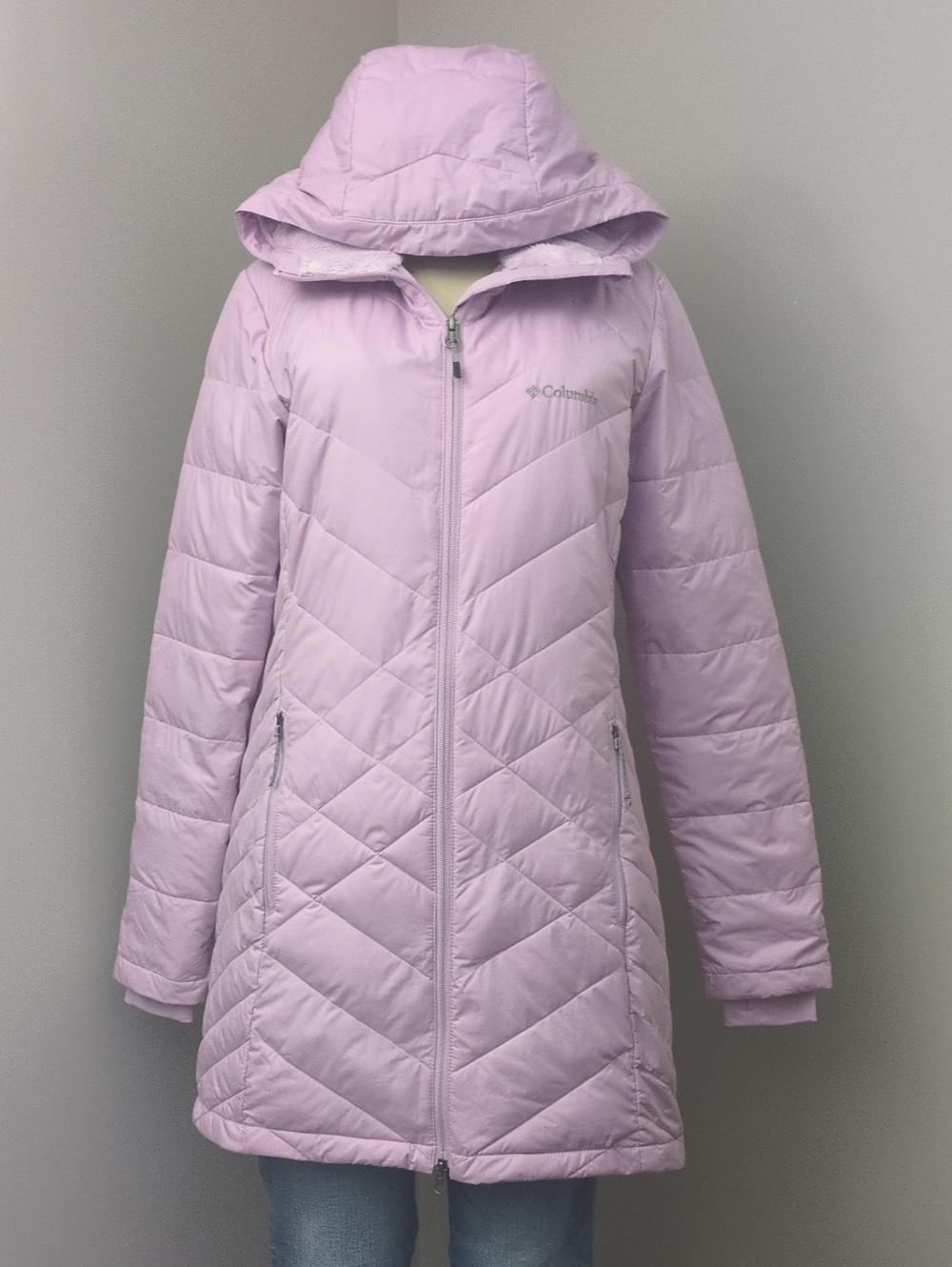 Columbia Omni-Heat Lilac Purple Hooded Puffer Mid-Length Winter Coat Women's Med